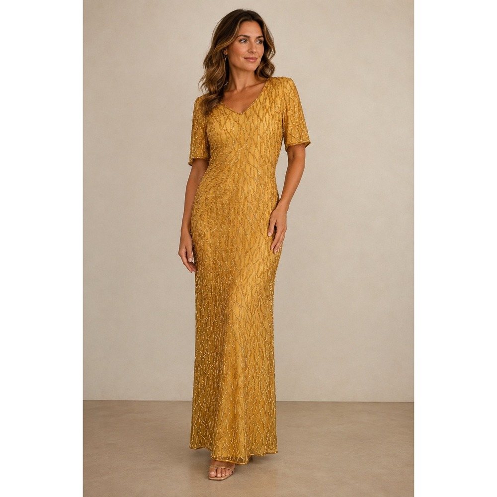 Mark & John by Sam Silk Maxi Dress Gold Beaded Sequin Vintage Formal Women Large